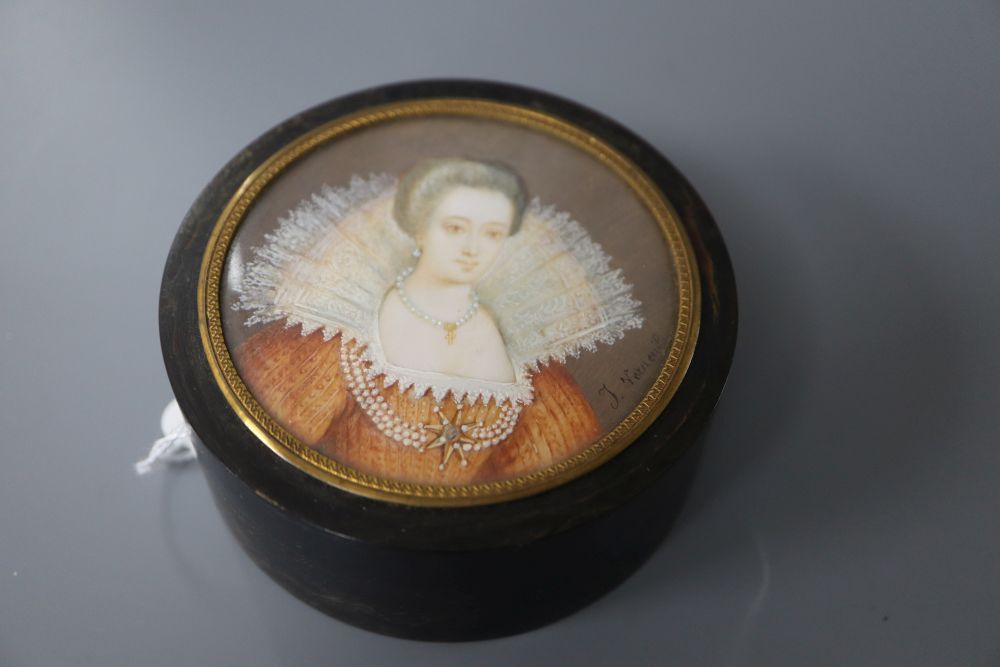 A circular tortoiseshell snuff box and cover, lid inset with a painted portrait of an Elizabethan lady
